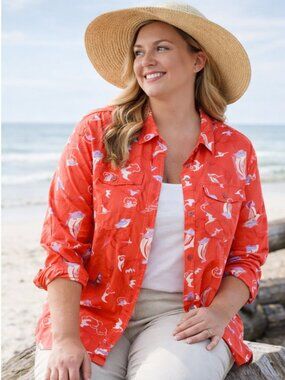 L.L.Bean Nautical Print Button Up Shirt 3X Plus Coral Red Coastal Beach Top